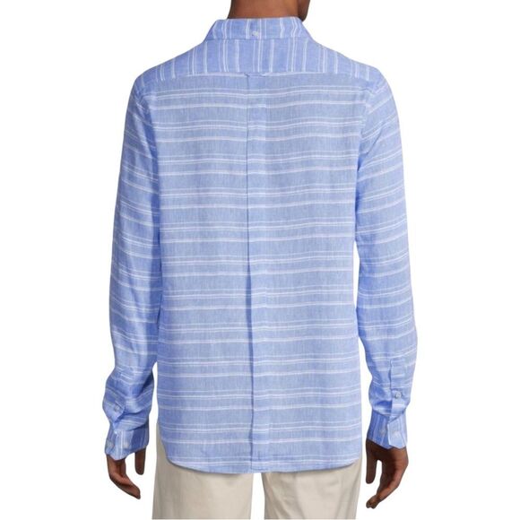 Ben Sherman Blue White Linen Blend Long Sleeve Button Down Shirt - Picture 2 of 13